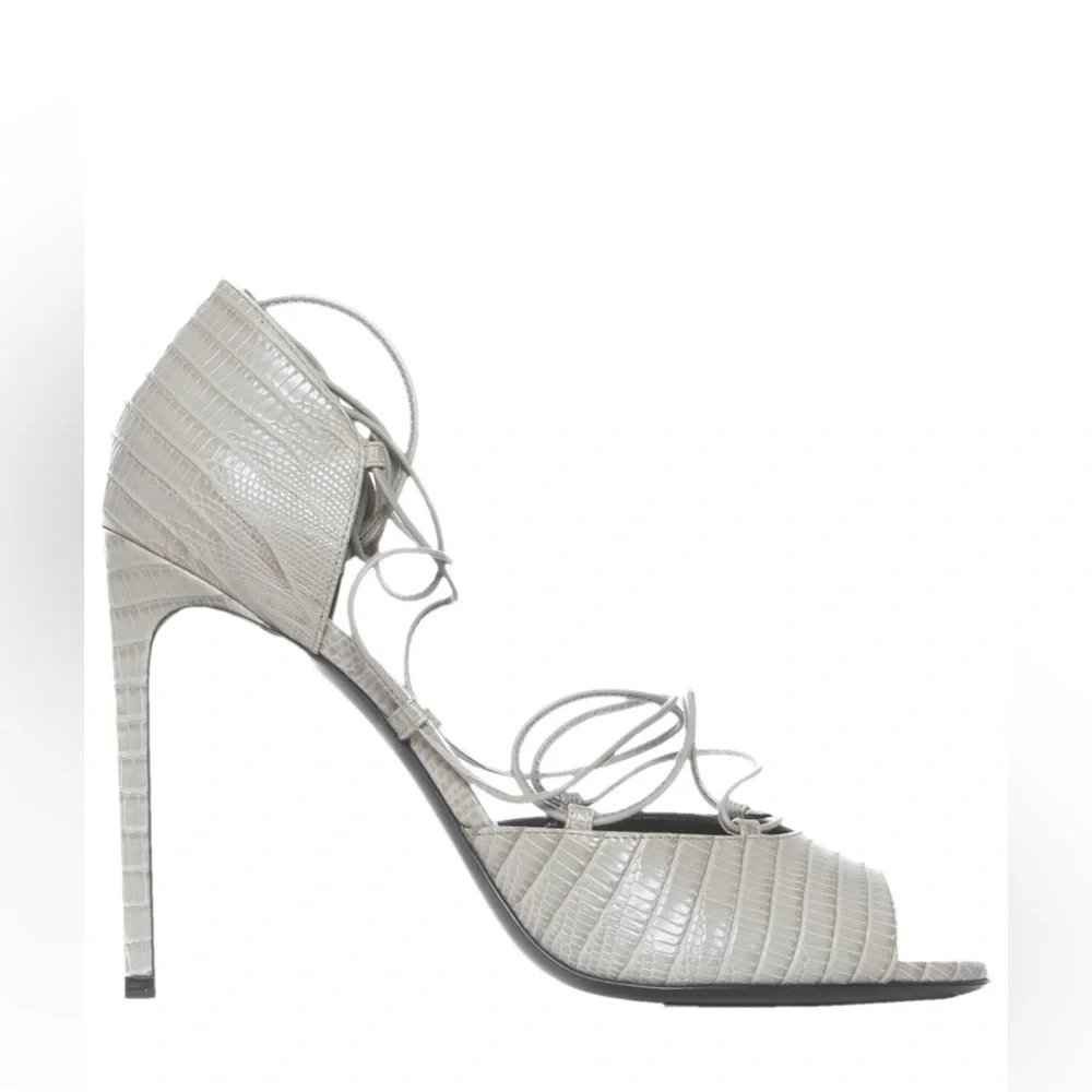 Saint Laurent Embossed Leather Gladiator Open Toe Heels Gray lace up ankle Wrap - Picture 4 of 10